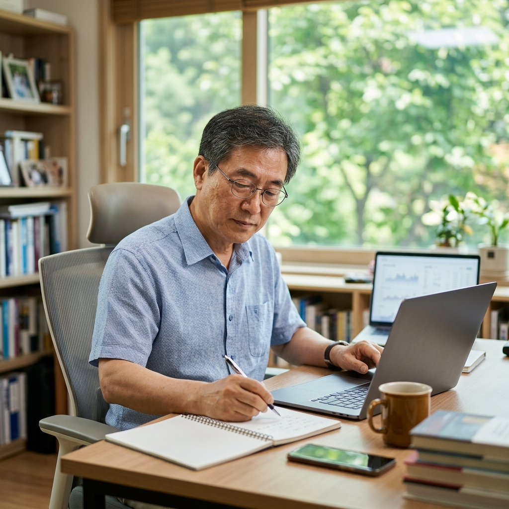 60대 초반 남성이 서재 책상에 앉아 노트북으로 자료를 확인하며 손으로 메모하는 모습, 가벼운 반팔 셔츠 차림, 창밖으로 녹음이 보임