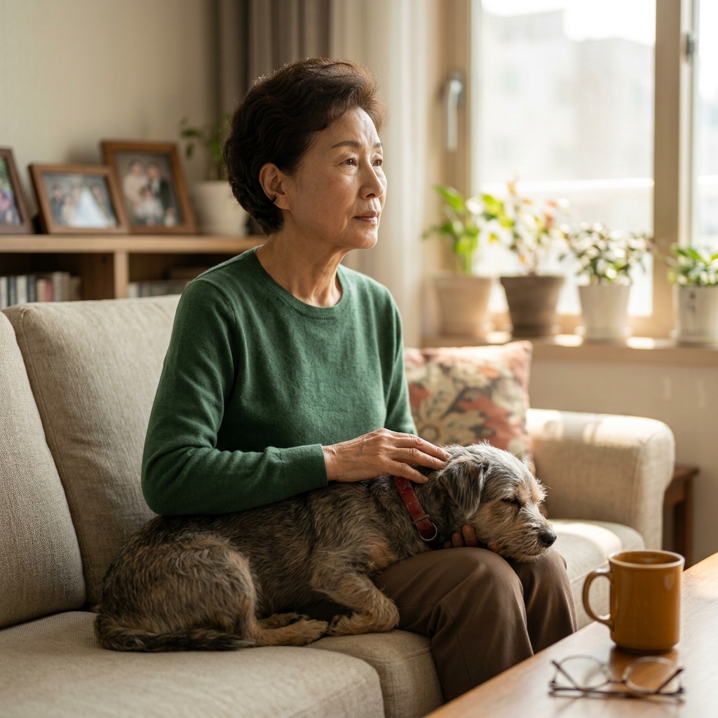 70대 어르신이 거실 소파에 앉아 무릎에 앉은 노령 반려견을 쓰다듬으며 생각에 잠긴 모습, 창밖으로 부드러운 오후 햇살이 들어오는 차분한 실내 풍경