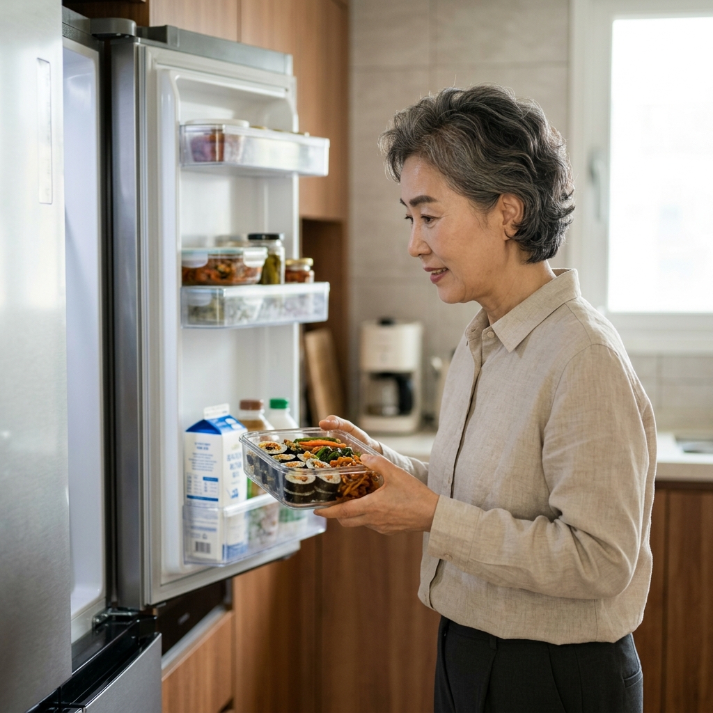 70대 여성이 냉장고 문을 열고 투명 용기에 담긴 반찬을 꺼내 살펴보는 모습