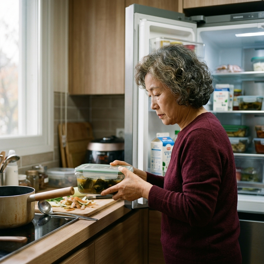 김모씨(68세) 주방 조리대에 투명 밀폐 용기에 담긴 국을 냉장고에 넣으려는 손 모습