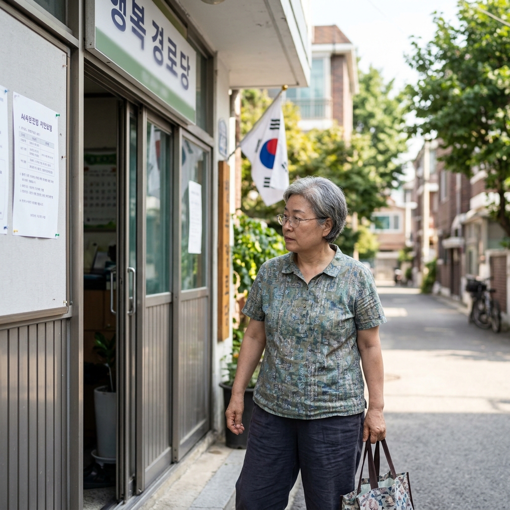 60대 후반 여성이 동네 경로당 입구 앞에서 안내문을 읽고 있는 모습, 얇은 반팔 블라우스와 편한 바지, 밝은 오후 햇살