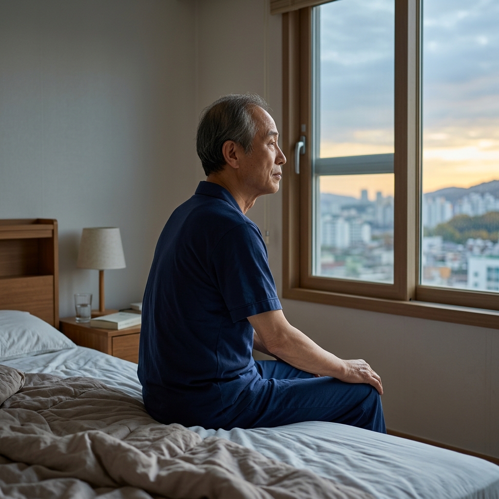 침대에 앉아 창밖 밝아오는 새벽 하늘을 바라보는 70대 남성, 얇은 반팔 잠옷 차림