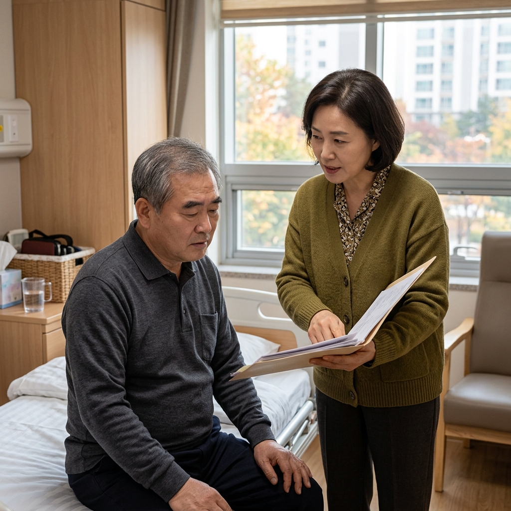 70대 후반 어르신이 침대에 앉아 있고, 옆에서 50대 딸이 서류를 들고 함께 이야기를 나누는 모습