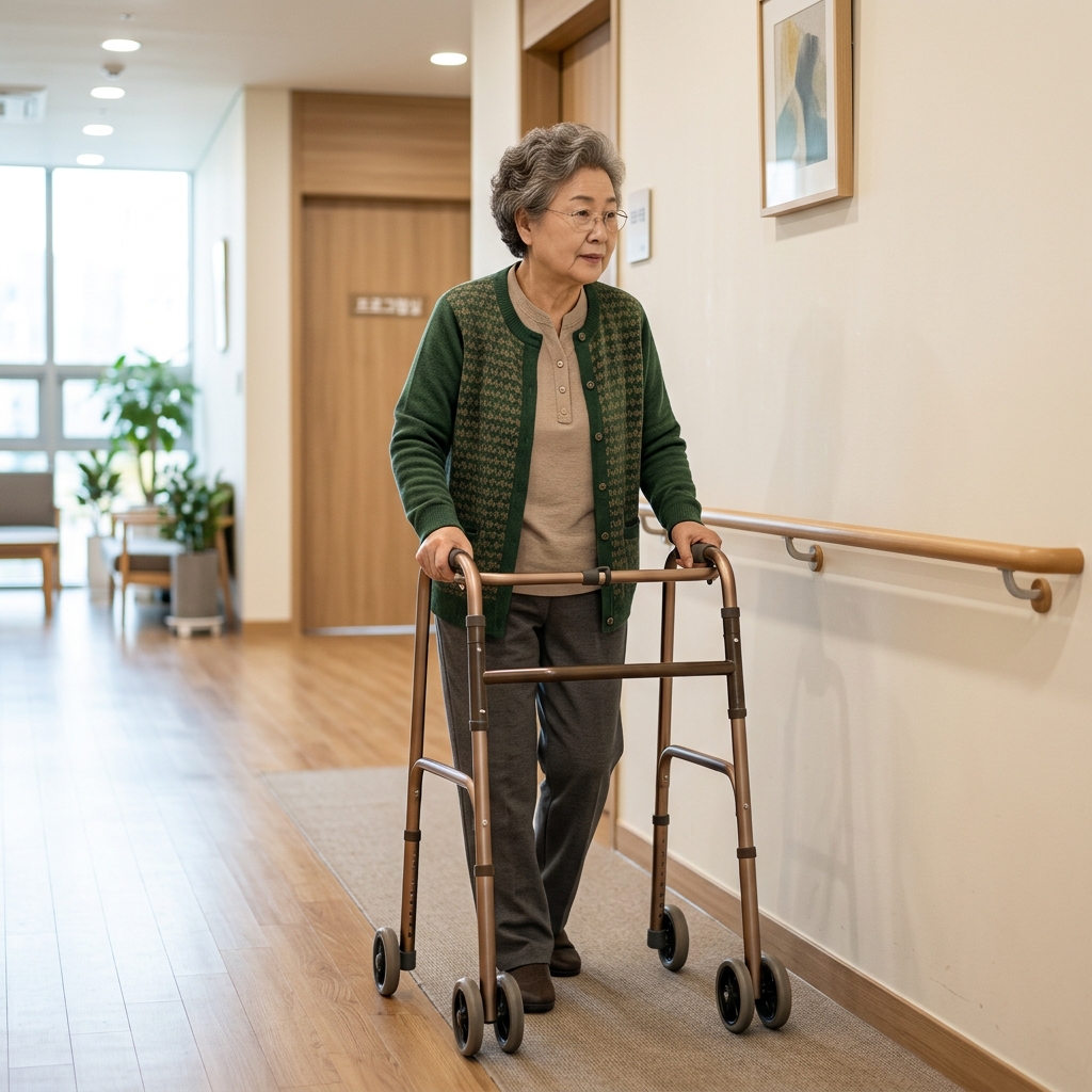 70대 여성이 실내에서 보행기를 잡고 천천히 걸으며, 벽면에 설치된 안전손잡이를 바라보는 장면