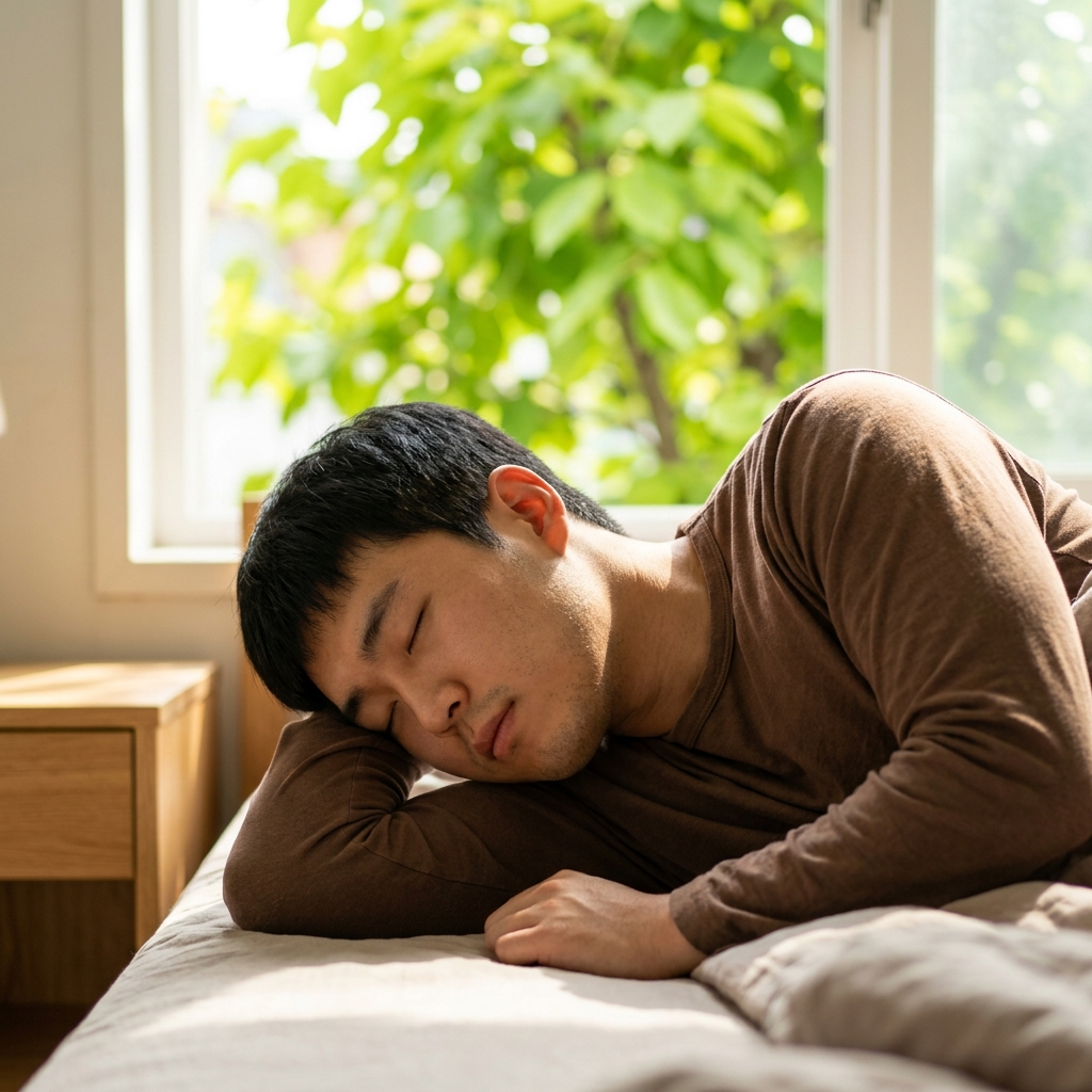 팔을 베고 누워 자고 있는 20대 청년의 옆모습, 얇은 긴팔 티셔츠, 창밖으로 보이는 밝은 햇빛과 푸른 나뭇잎