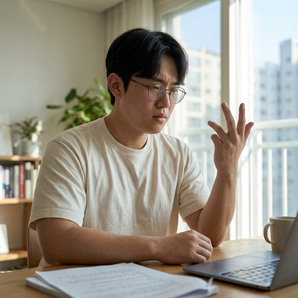 책상 앞에 앉아 오른손을 들어 손가락을 펴보려 하지만 힘이 잘 안 들어가는 표정의 20대 청년, 얇은 긴팔 티셔츠, 창밖 밝은 햇빛