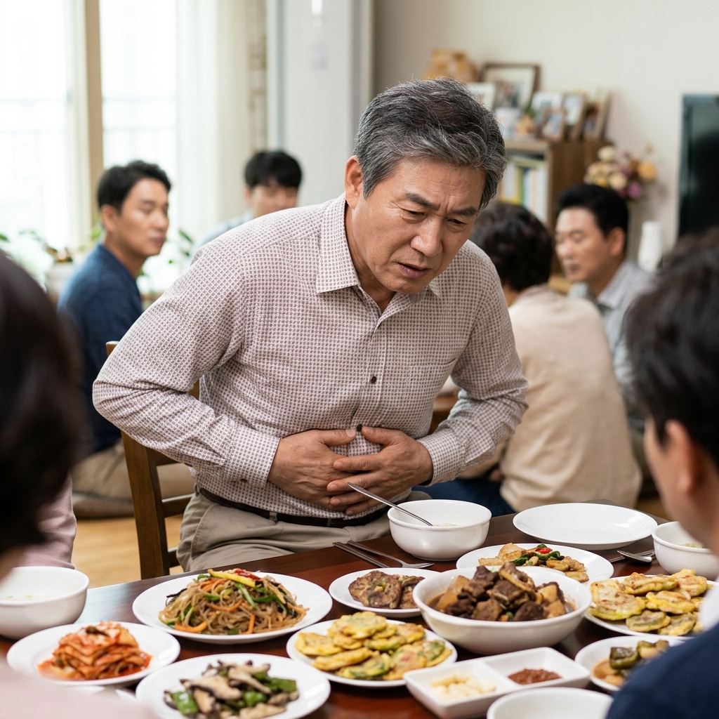 명절 식탁 앞에서 배를 붙잡고 있는 60대 남성