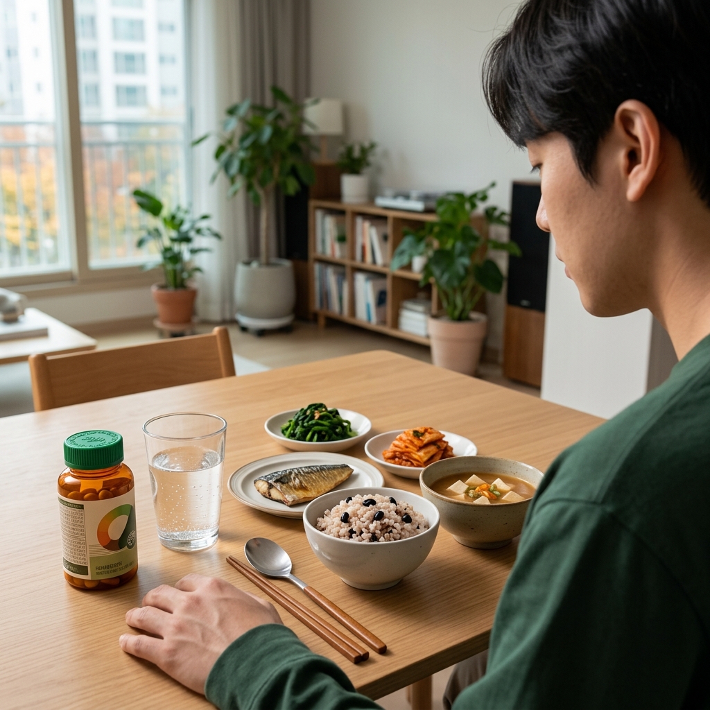 식탁 위에 놓인 종합비타민 통과 아침 식사, 물 한 잔이 함께 보이는 장면