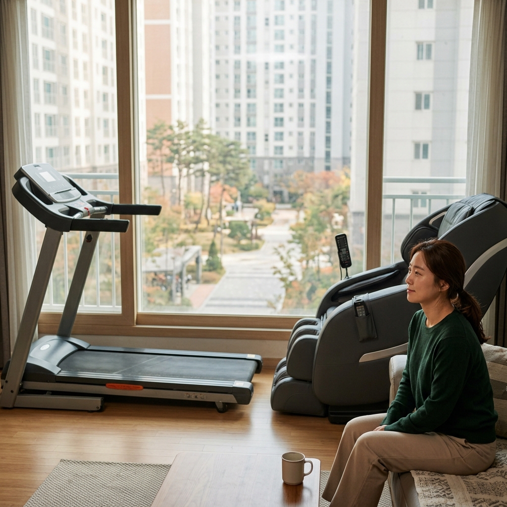 거실 바닥에 놓인 러닝머신과 안마의자, 창밖으로 보이는 아파트 단지 풍경