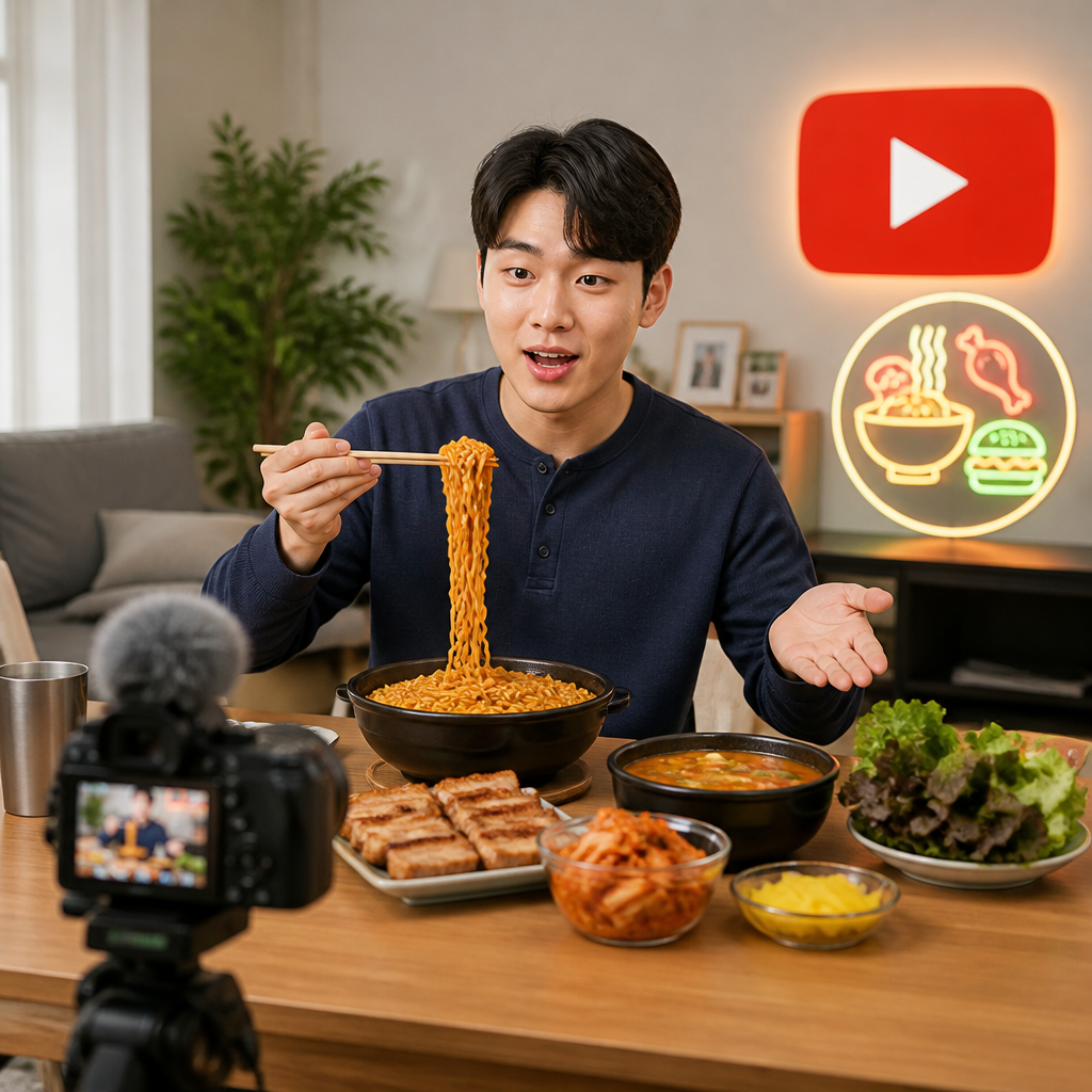 유튜브 로고와 먹방 관련 아이콘이 함께 표시된 화면