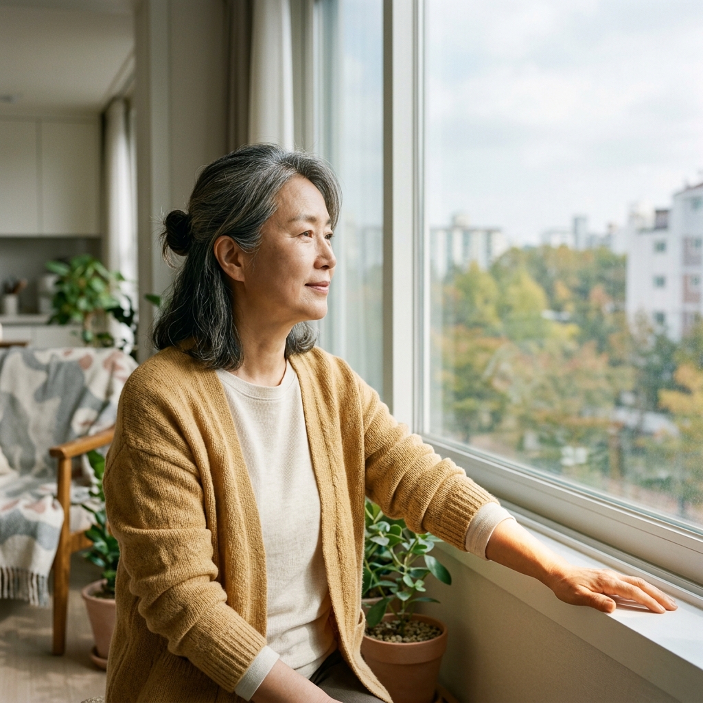 50대 후반 여성이 창가에 앉아 밖을 내다보며 팔을 햇빛에 가볍게 내밀고 있는 모습, 실내 조명이 아닌 자연광이 팔에 닿아 있다