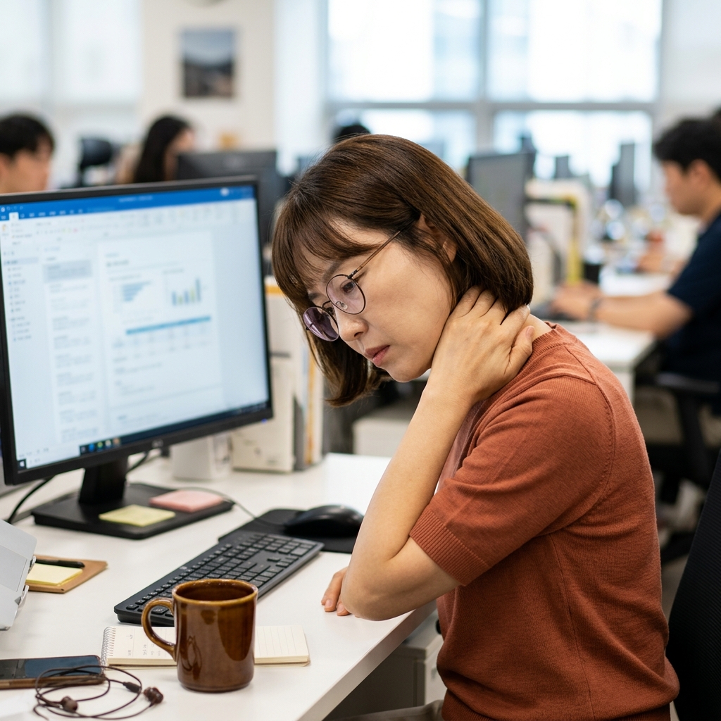 사무실 책상 앞에서 뒷목을 손으로 누르며 고개를 숙이고 있는 40대 직장인, 모니터 화면이 흐릿하게 보이는 배경