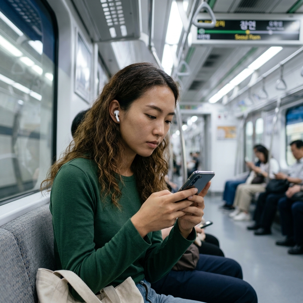 지하철에서 무선 이어폰을 끼고 스마트폰을 보는 30대 직장인의 모습