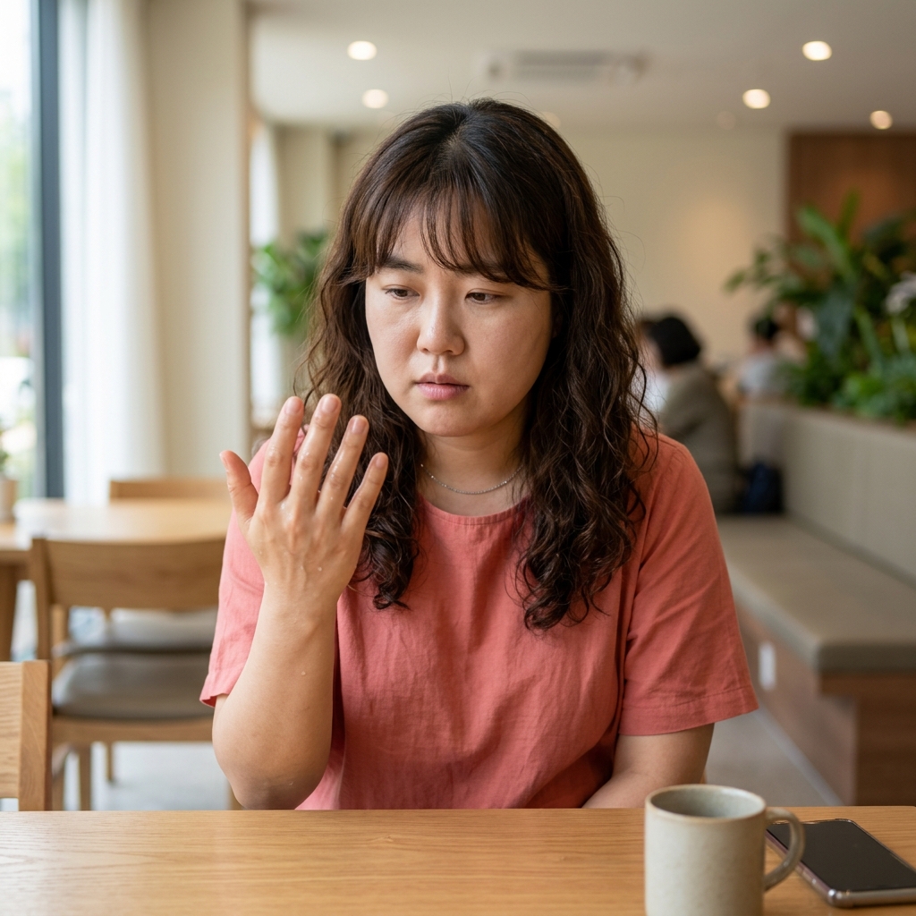 손바닥을 펴서 바라보며 축축하게 젖은 손을 확인하는 중장년 여성, 실내 밝은 조명, 반팔 블라우스