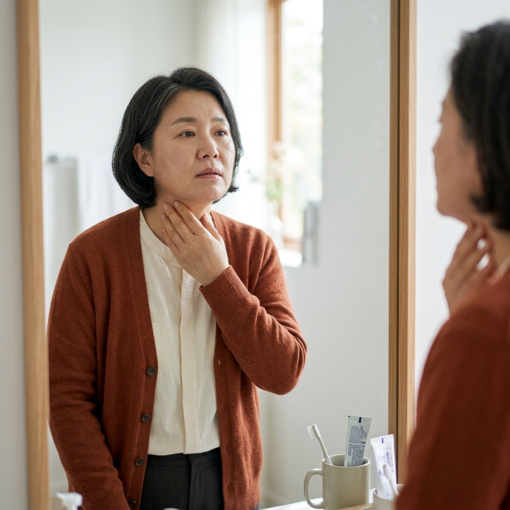 50대 여성이 거울 앞에서 목 앞쪽을 손으로 만지며 확인하는 모습