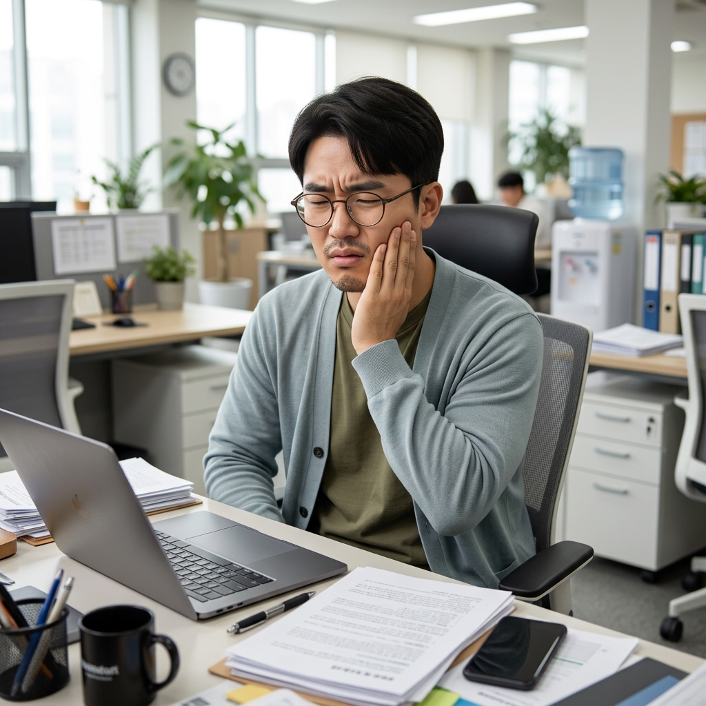 책상 앞에서 입안 통증을 느끼며 손으로 입가를 감싸 쥔 30대 직장인의 모습, 노트북과 서류가 놓인 사무실 배경