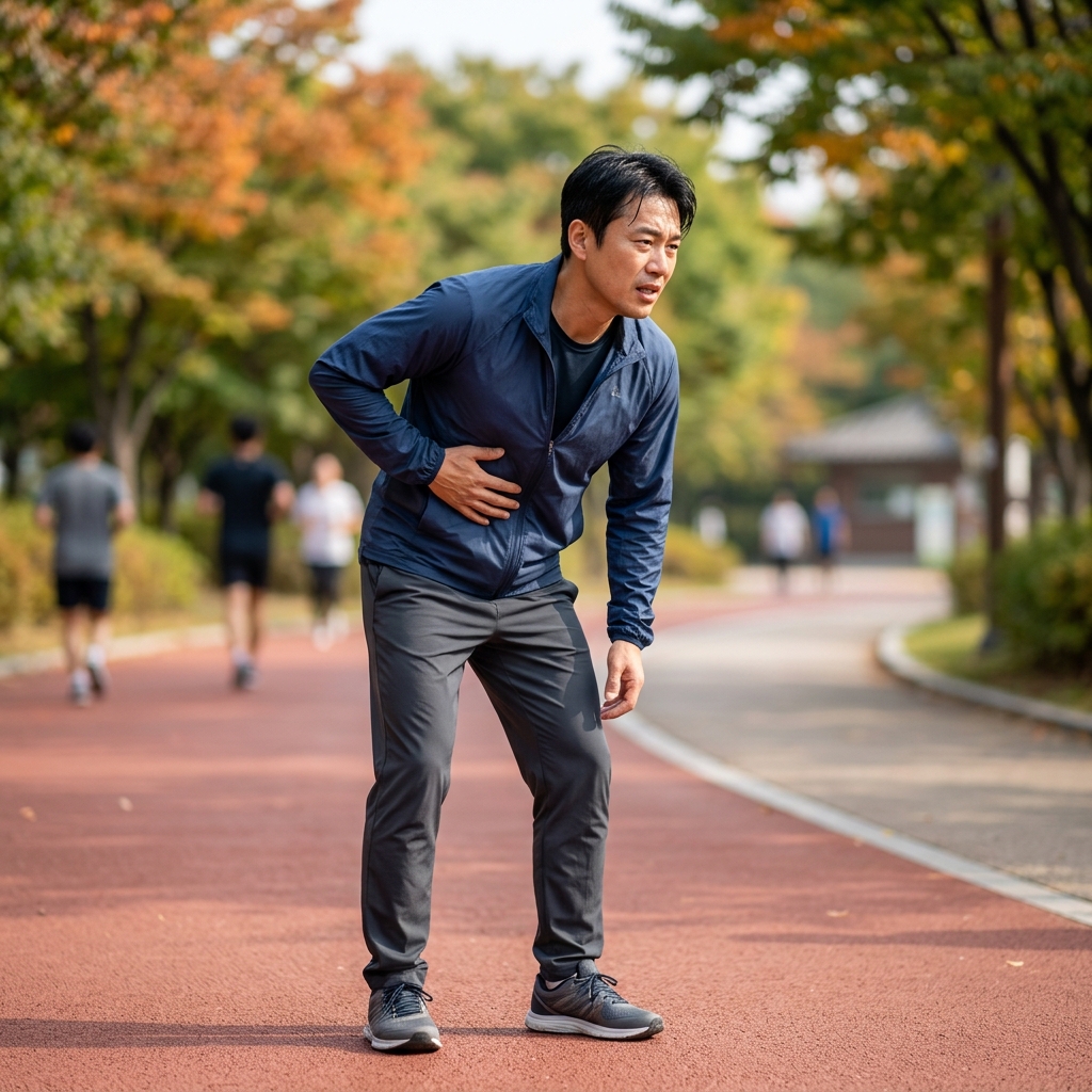 공원 트랙에서 달리다가 옆구리를 손으로 짚고 멈춰 선 40대 직장인, 옆구리 부위를 누르며 호흡을 가다듬는 모습, 얇은 긴팔 운동복 차림