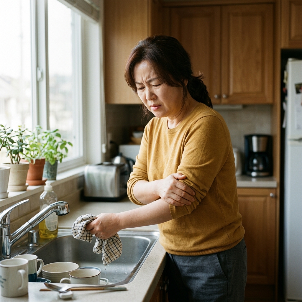 50대 여성이 주방에서 행주를 짜다가 팔꿈치 바깥쪽을 움켜쥐고 찌푸린 표정을 짓는 장면, 창밖으로 햇빛이 들어오고 소매는 팔꿈치까지 걷어 올린 상태