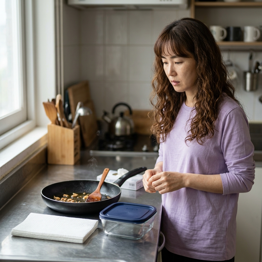조리 후 식어가는 프라이팬 옆에 키친타월과 빈 용기를 놓고 기름 처리를 준비하는 주방 조리대 모습