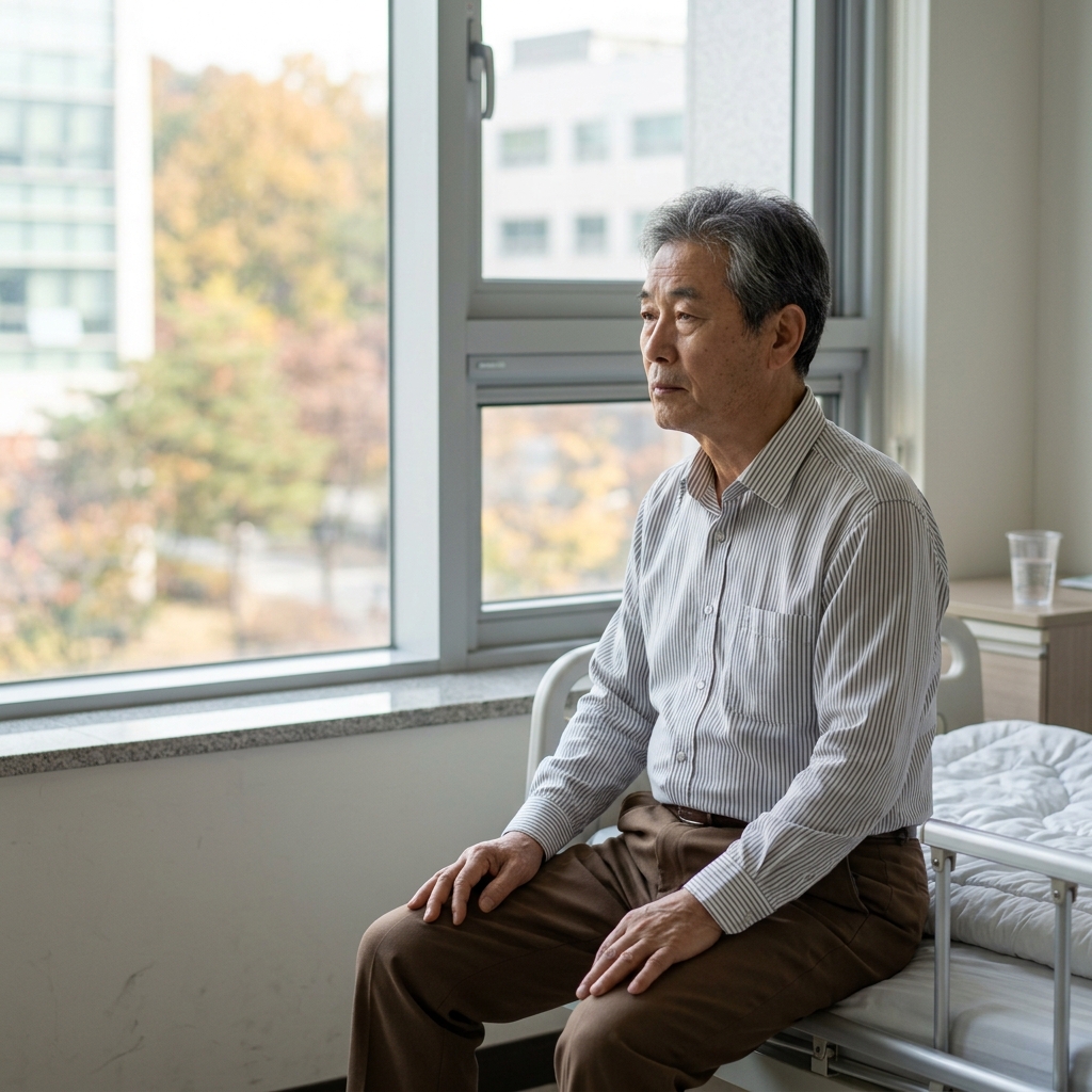 70대 어르신이 병실 창가에서 멍한 표정으로 앉아 있는 모습
