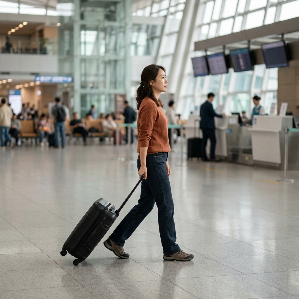 공항 로비에서 긴소매 셔츠를 입은 30대 여성이 검은색 캐리어를 끌고 평탄한 바닥을 걷는 모습