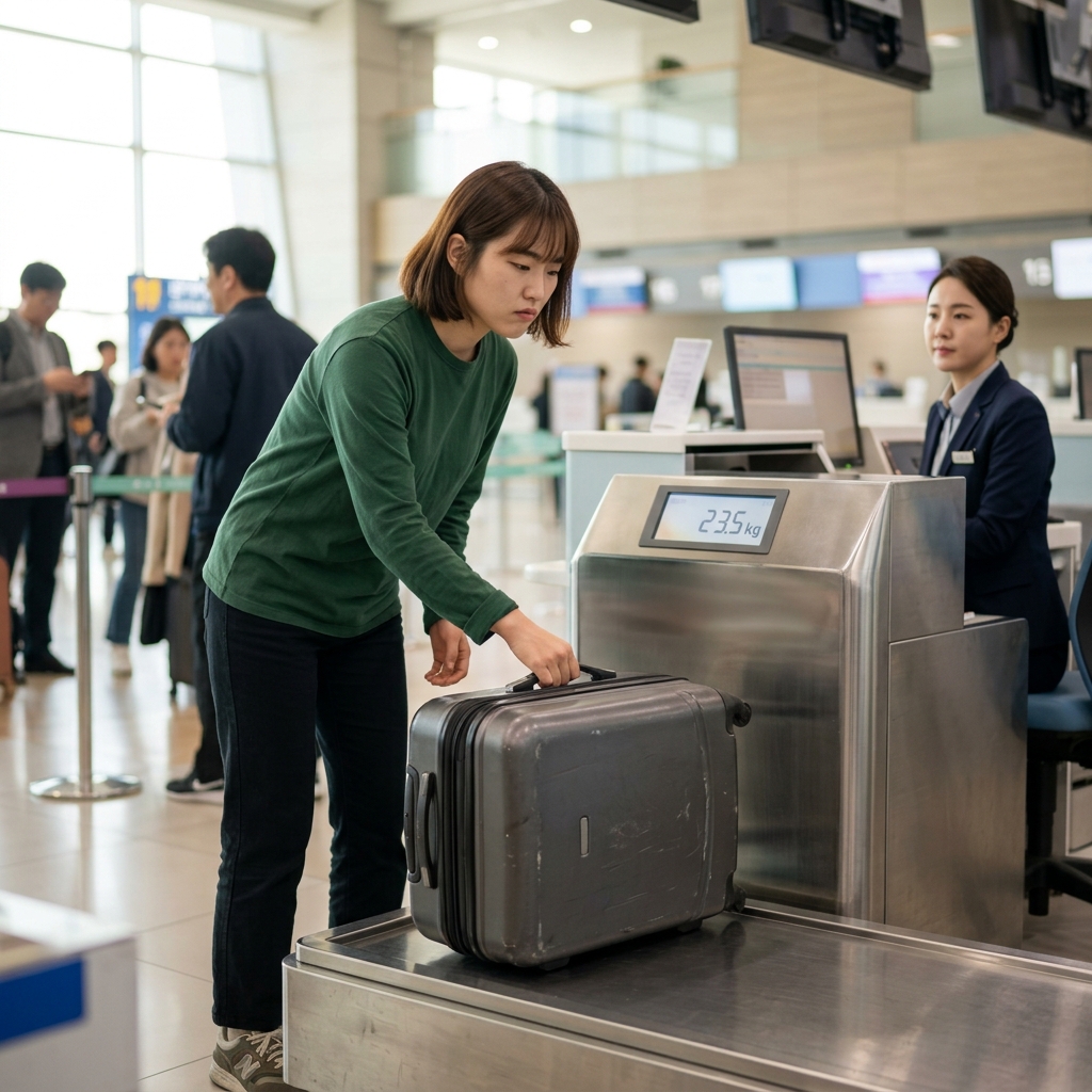 공항 체크인 카운터 저울 위에 캐리어를 올리며 걱정스러운 표정으로 확인하는 중년 여성