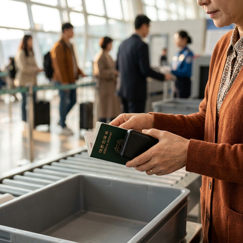 공항 보안 검색대 앞에서 여권과 보조배터리를 확인하는 50대 여성의 손