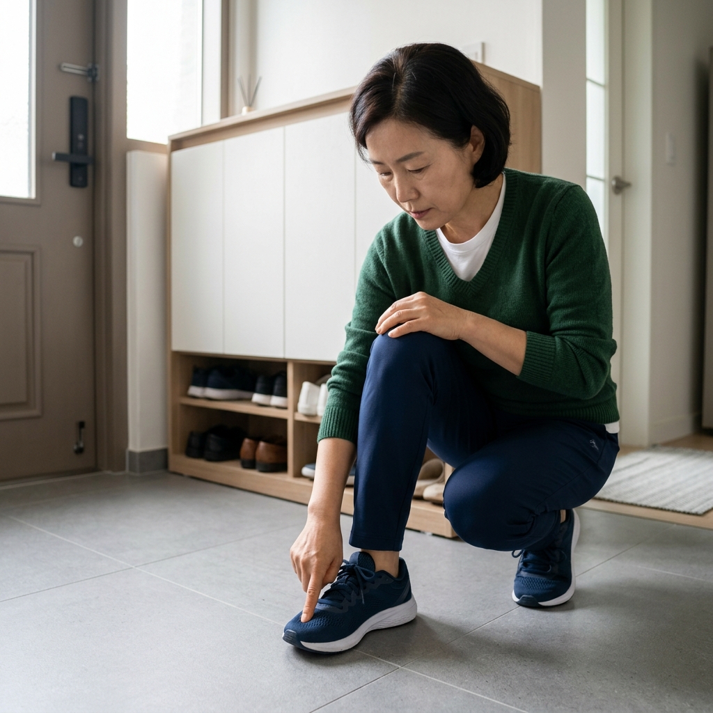 50대 여성이 실내에서 운동화 앞코 부분을 손가락으로 눌러보며 발볼 여유를 확인하고 있는 모습, 신발장 앞 평평한 바닥