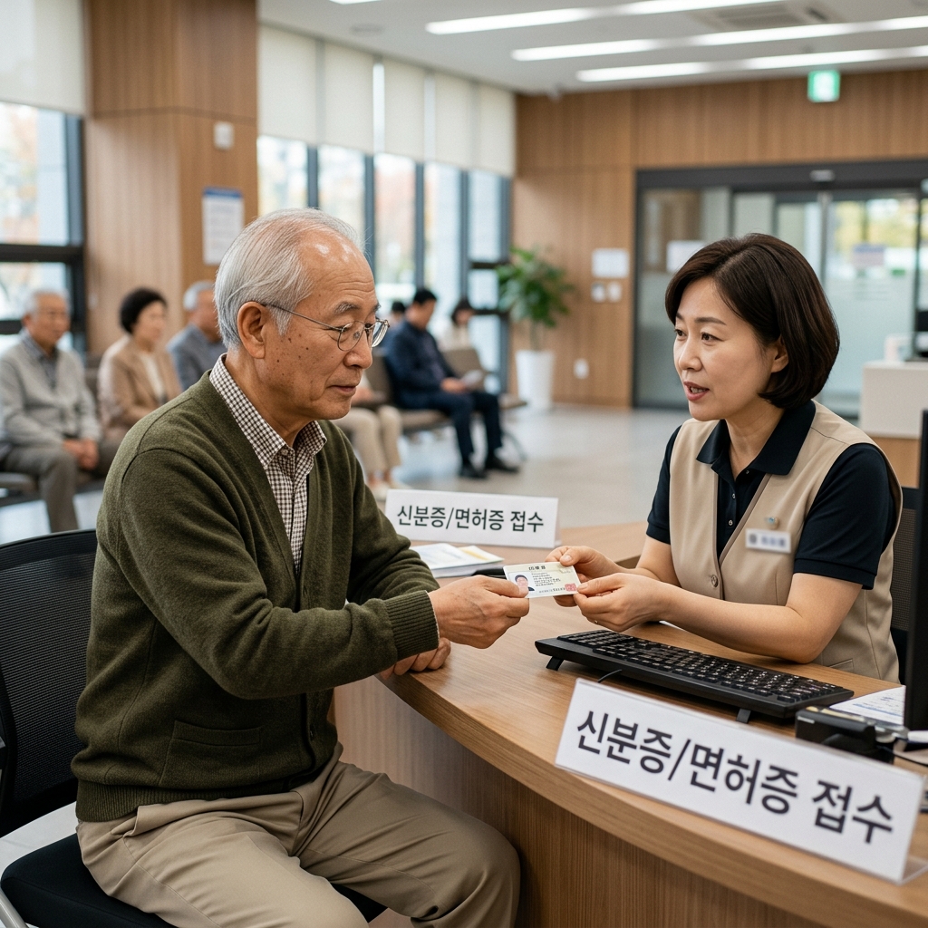 70대 남성이 면허시험장 창구에서 신분증을 제출하며 직원과 대화하는 모습, 실내 조명 아래 차분한 표정