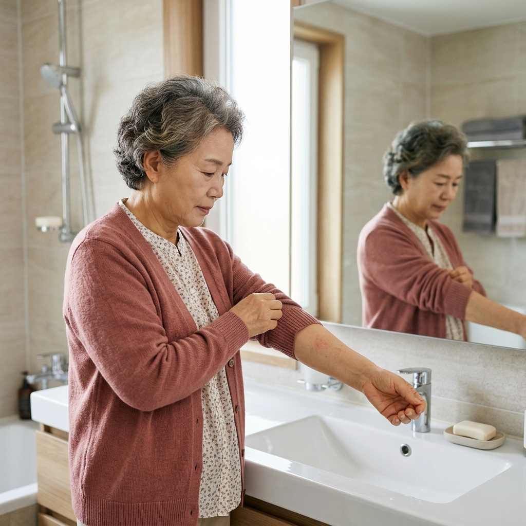 70대 여성이 욕실 거울 앞에서 팔의 피부를 살펴보는 모습