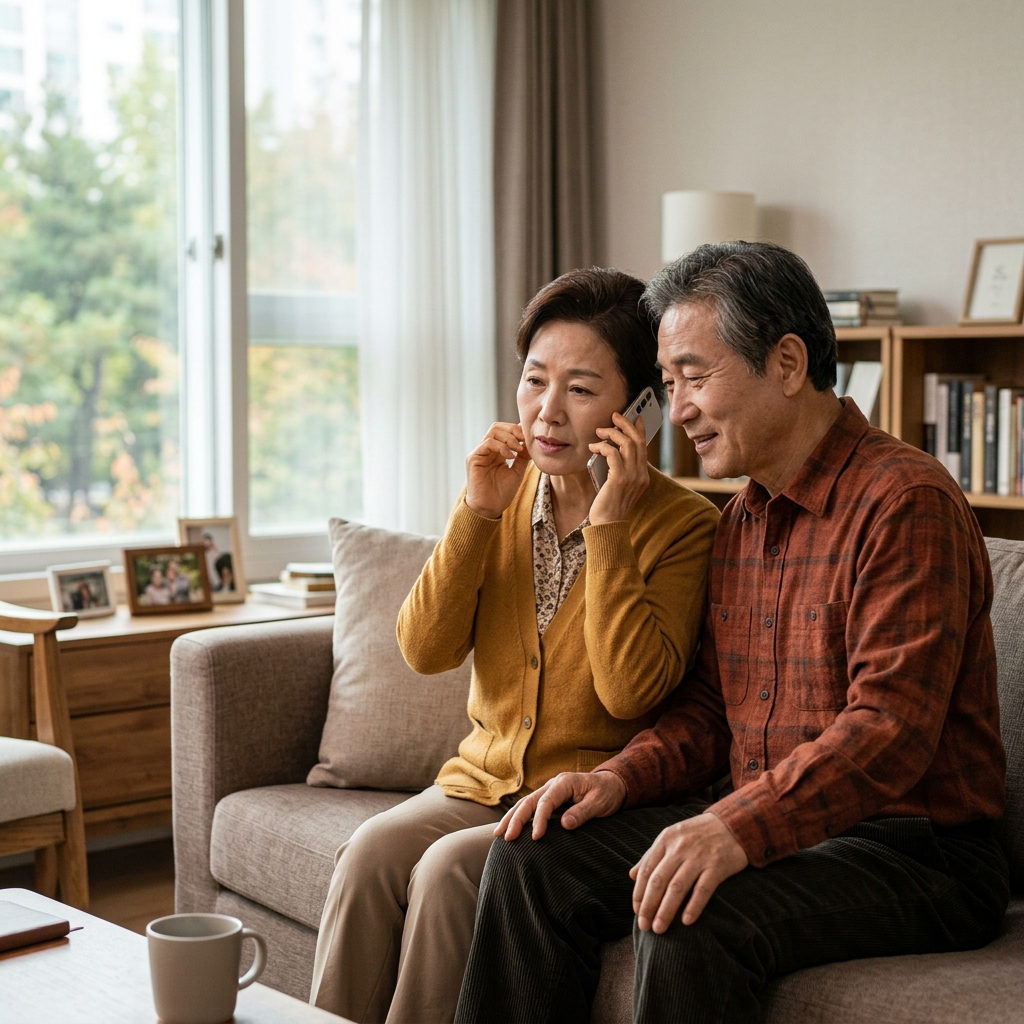 70대 부모가 성인 자녀에게 전화를 걸어 대화하는 장면, 거실 소파에 앉아 있고 창밖으로 부드러운 자연광이 들어오는 따뜻한 실내