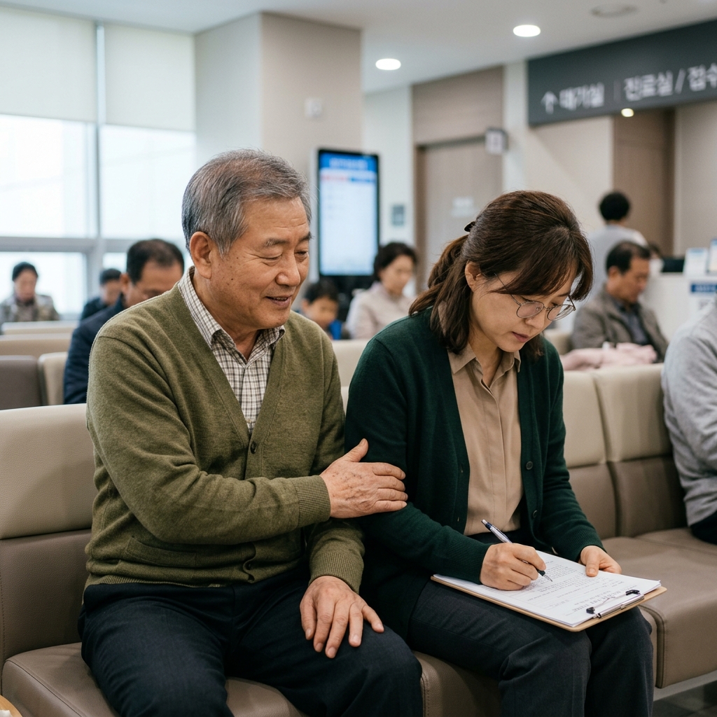 70대 부모와 성인 자녀가 병원 대기실에서 나란히 앉아 있는 장면, 부모는 자녀의 팔을 가볍게 잡고 있고 자녀는 옆에서 서류를 확인하는 모습