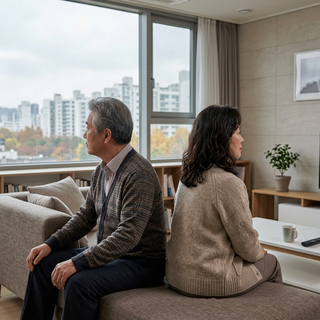 서로 다른 방향을 보는 성인 자녀와 부모