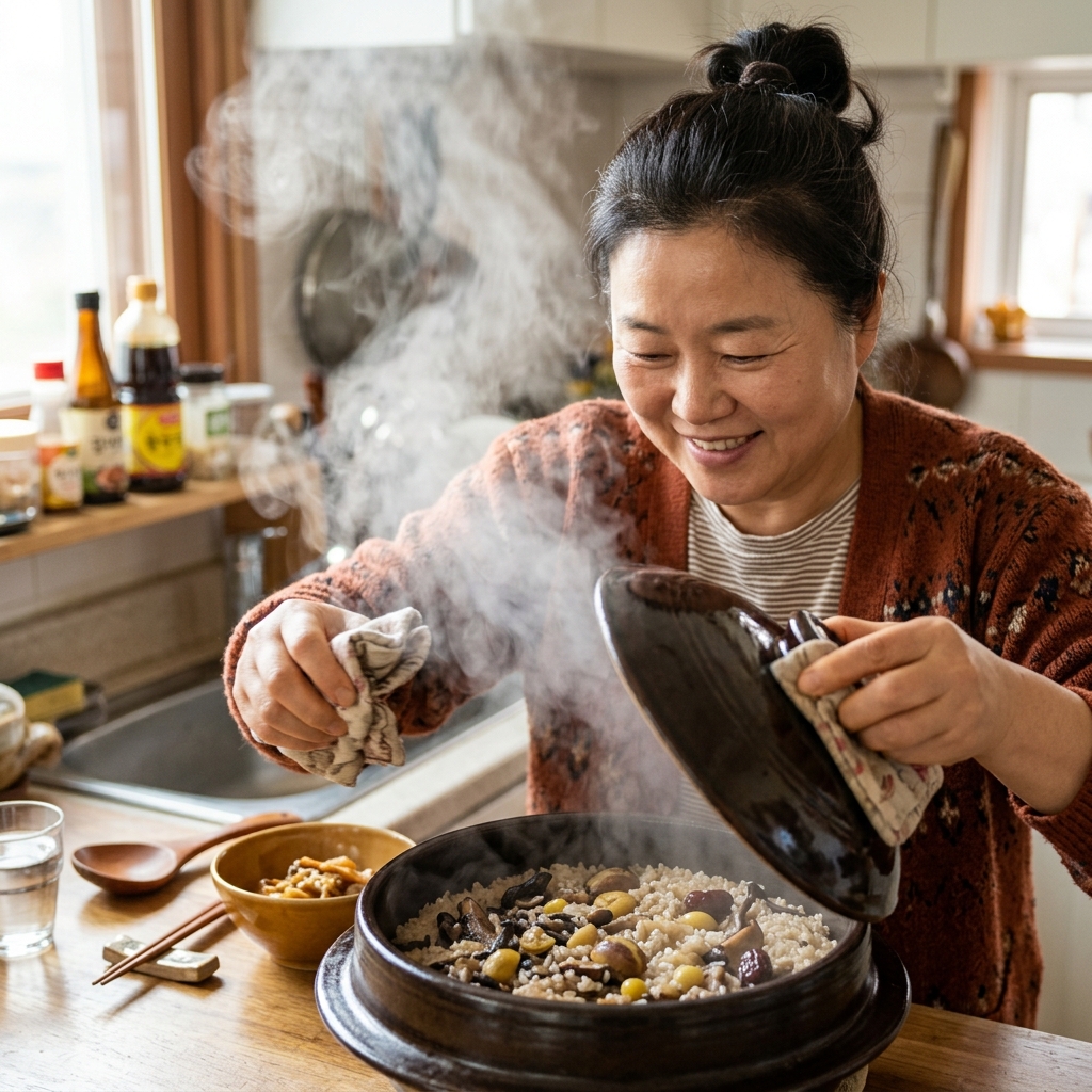 밥솥 뚜껑을 열면 피어오르는 능이버섯 솥밥의 김과 윤기 나는 밥알