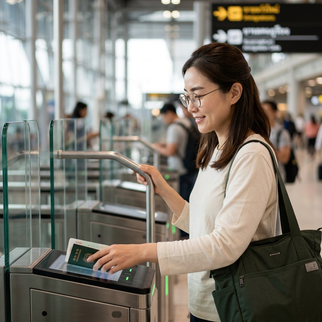 수완나품 공항 자동심사 게이트 앞 여권 스캔 장면