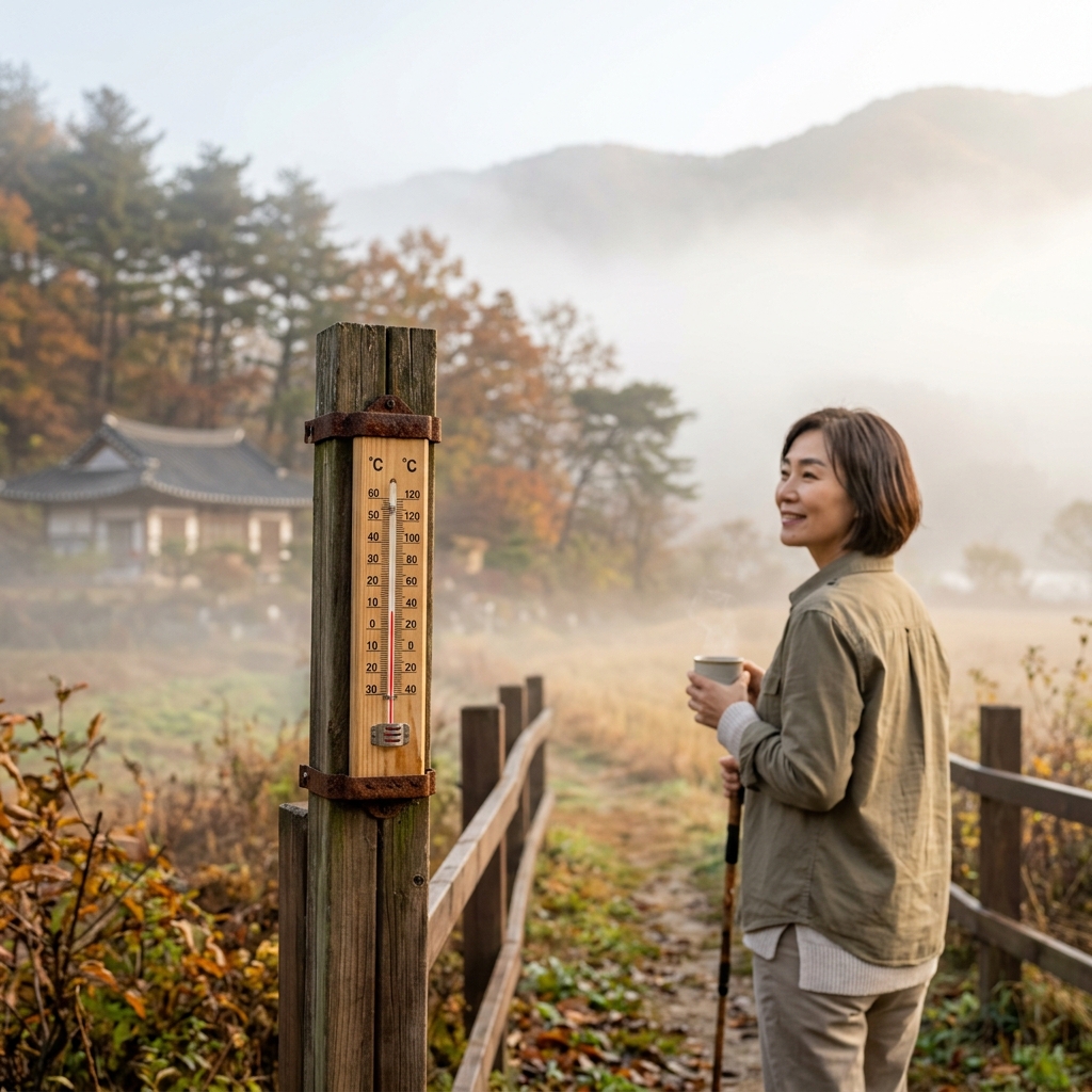 아침 안개 낀 가을 풍경과 쌀쌀한 기온을 보여주는 온도계