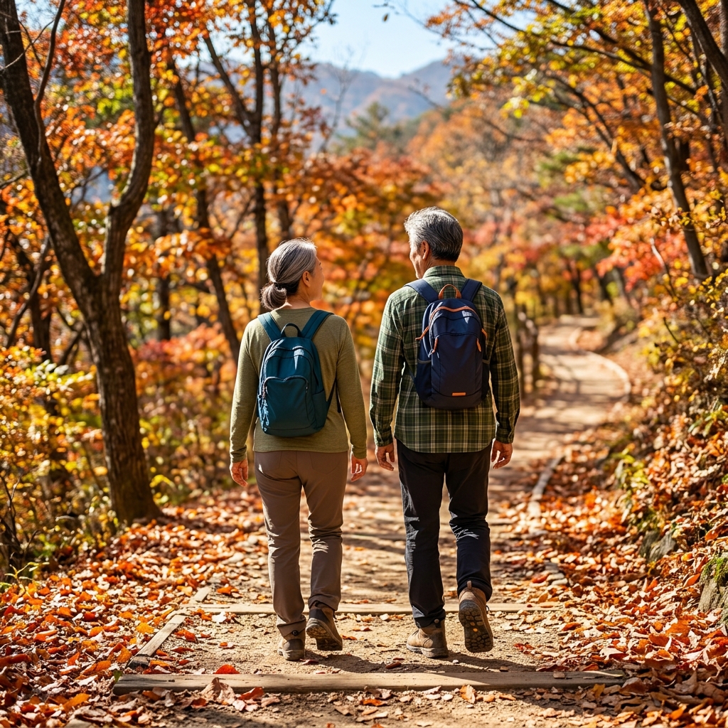 가을 단풍 산책로를 걷는 60대 중반 부부의 뒷모습, 긴팔 셔츠와 등산화 착용, 햇살 밝은 오후