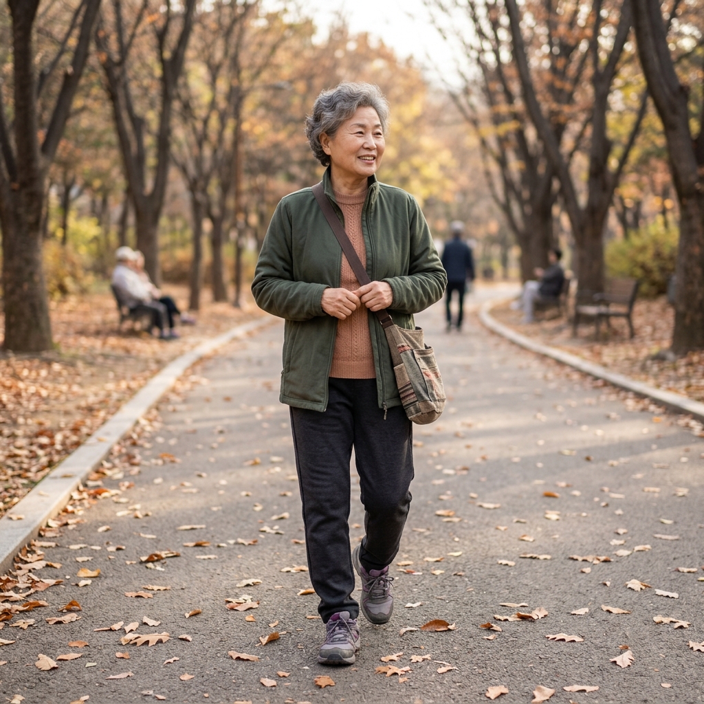 공원 평탄한 산책로를 가볍게 걷는 70대 초반 여성, 긴팔 점퍼와 운동화 착용, 나뭇잎 떨어진 가을 오후
