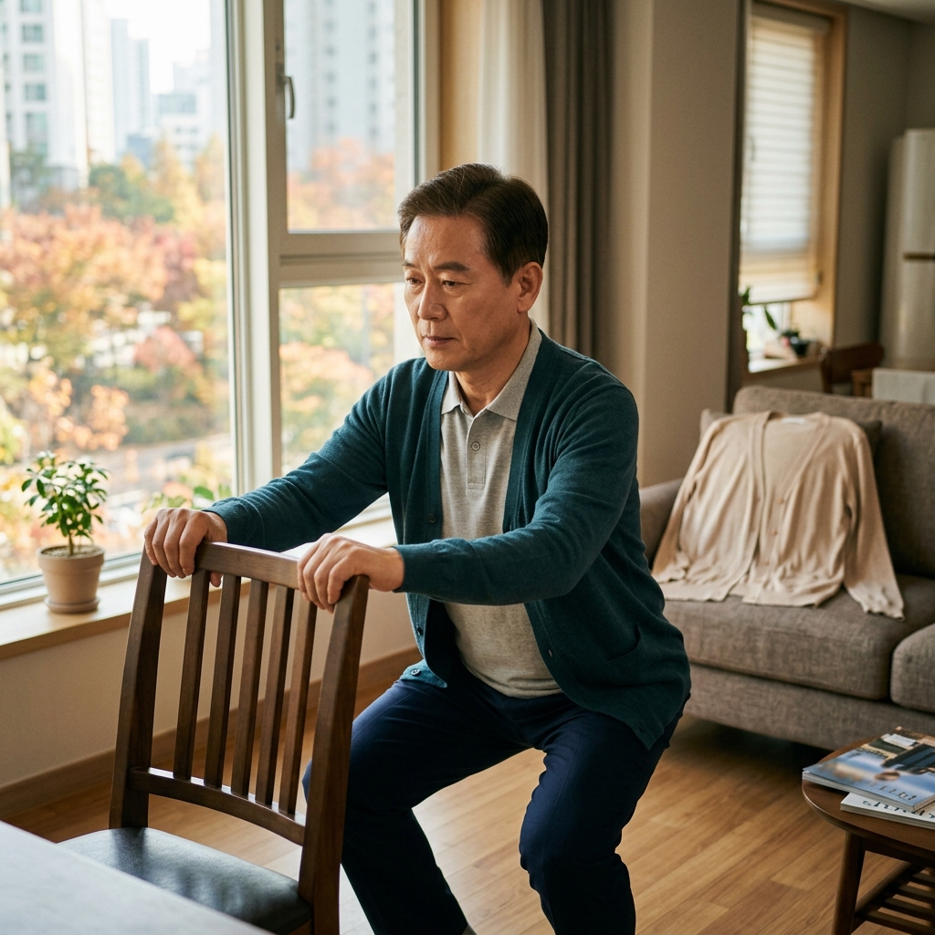 70대 남성이 거실 의자를 짚고 천천히 앉았다 일어서는 스쿼트 동작을 하는 모습, 창밖으로 가을 햇살이 들어오고 소파 위에 얇은 긴팔 가디건이 놓여 있다