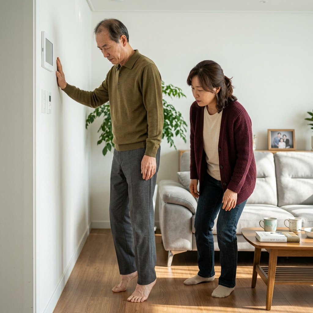 70대 남성이 거실 벽을 한 손으로 짚고 까치발 들기를 하는 모습, 옆에서 40대 딸이 자세를 확인하며 지켜보고 있다