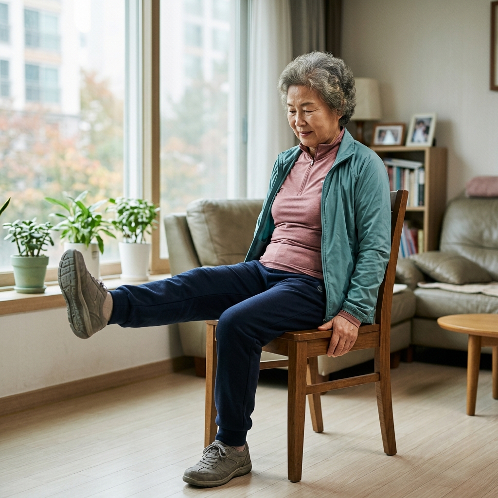 70대 여성이 의자에 앉아 한쪽 다리를 천천히 들어올리며 허벅지 앞쪽에 힘을 주고 있는 모습, 실내 창가, 편안한 운동복
