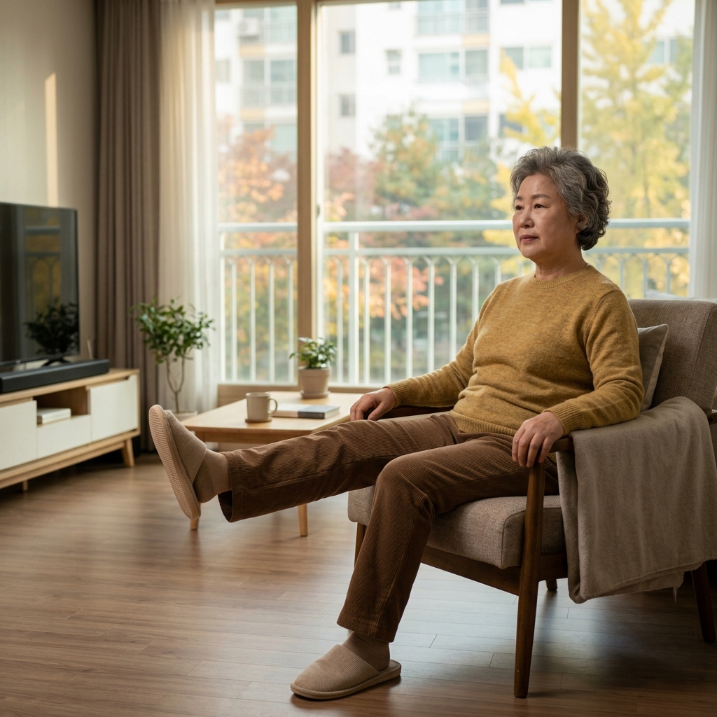 70대 여성이 거실 의자에 앉아 한쪽 다리를 앞으로 쭉 펴 올리고 있는 장면, 창밖으로 햇살이 들어오고 실내화를 신은 모습