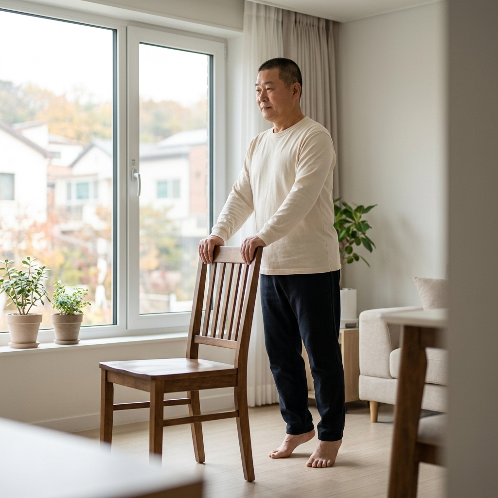 실내 밝은 창가에서 얇은 긴팔 티셔츠를 입은 60대 중반 남성이 의자를 잡고 까치발 들기 운동을 하는 모습