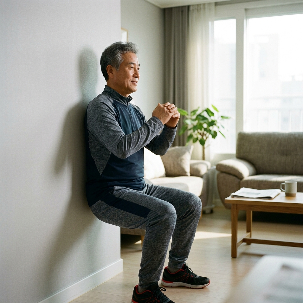 60대 남성이 거실 벽에 등을 기대고 무릎을 살짝 구부린 채 벽 스쿼트 자세를 취하고 있는 모습, 실내 조명이 밝고 운동복 차림