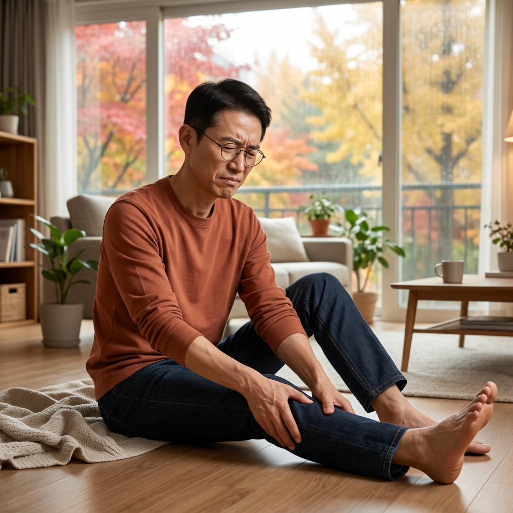 50대 후반 남성이 거실 바닥에 앉아 한쪽 다리를 뻗고 종아리를 손으로 누르며 표정을 찌푸리는 모습, 창밖으로 가을 단풍이 보이고 실내는 긴팔 차림