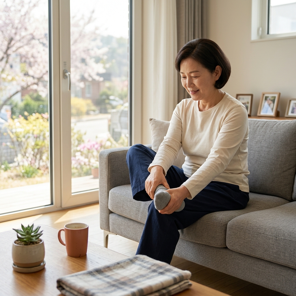 거실 소파에 앉아 발목을 돌리며 스트레칭하는 50대 여성, 창밖으로 보이는 봄 햇살