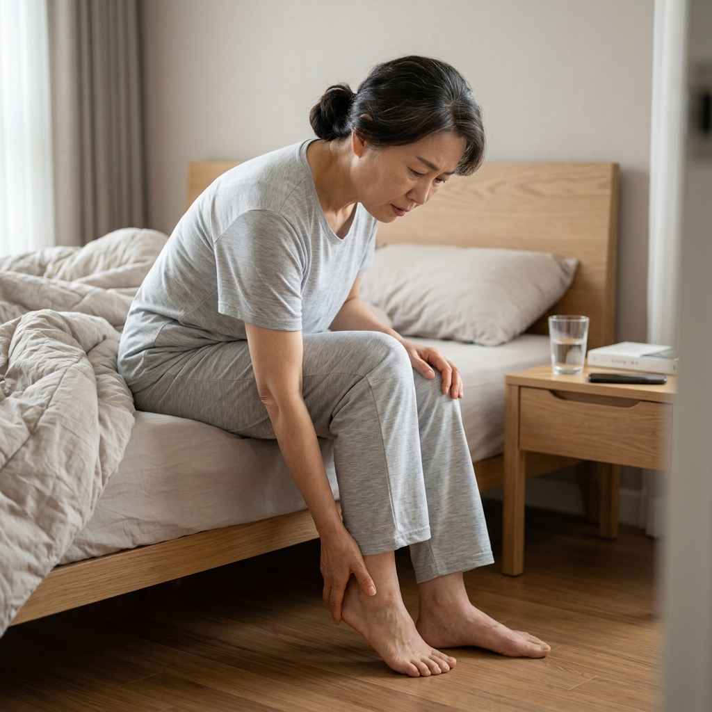 침대 옆에 앉아 아침에 첫걸음을 내딛으려는 60대 여성이 발바닥을 감싸 쥐고 있는 모습, 얇은 반팔 실내복 착용