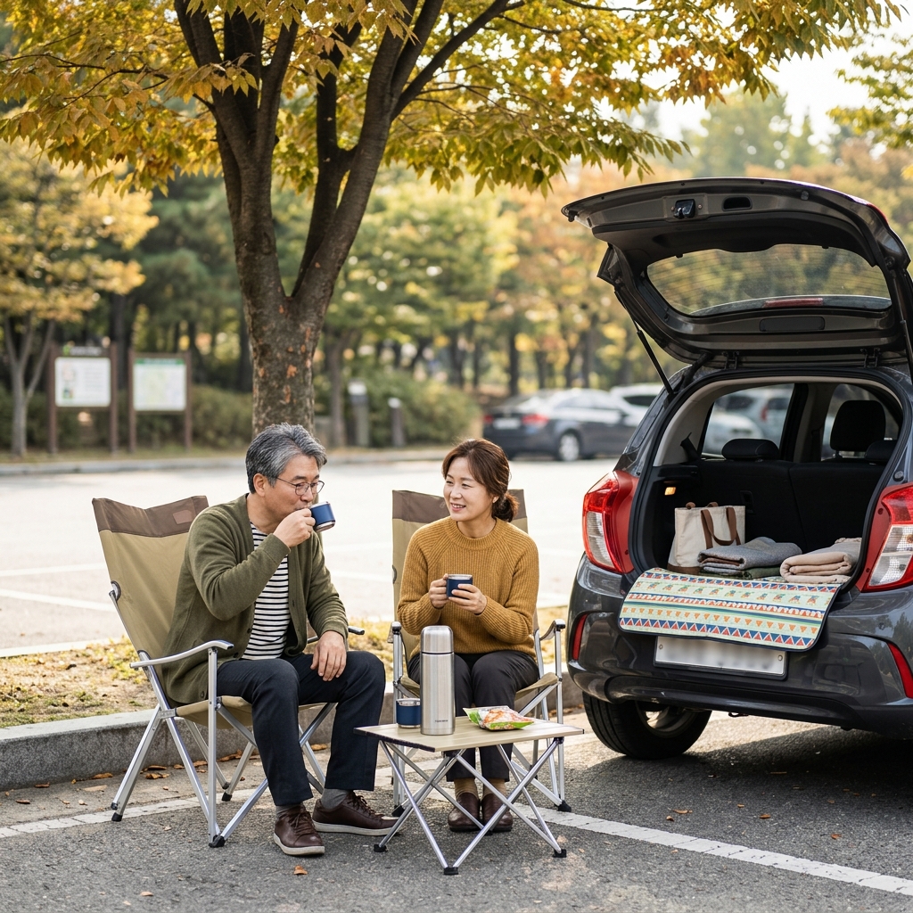 50대 중반 부부가 공원 주차장 옆 나무 그늘 아래 접이식 의자에 앉아 보온병 차를 마시고 있는 모습, 차 트렁크는 열려 있고 간단한 돗자리만 깔려 있다