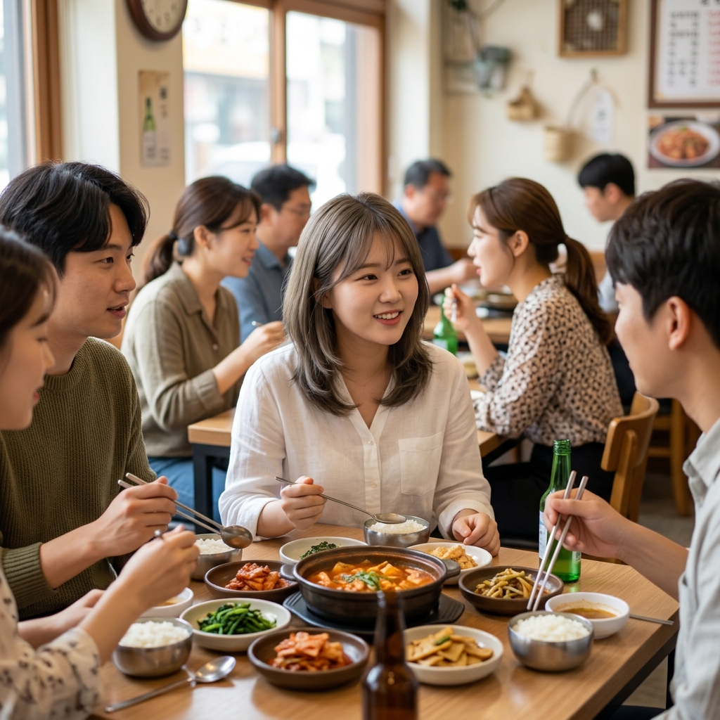 30대 직장인이 동네 식당 테이블에서 여러 사람과 함께 식사하며 대화를 나누는 장면