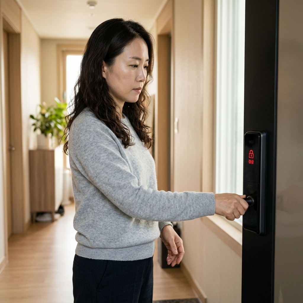 현관문 손잡이를 당기며 잠금 상태를 확인하는 30대 여성의 손, 도어락 화면에 잠금 표시등이 켜진 모습
